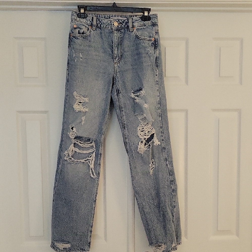 Garage Distressed 90s Straight Leg Jeans in Light Blue Droit Annees 90